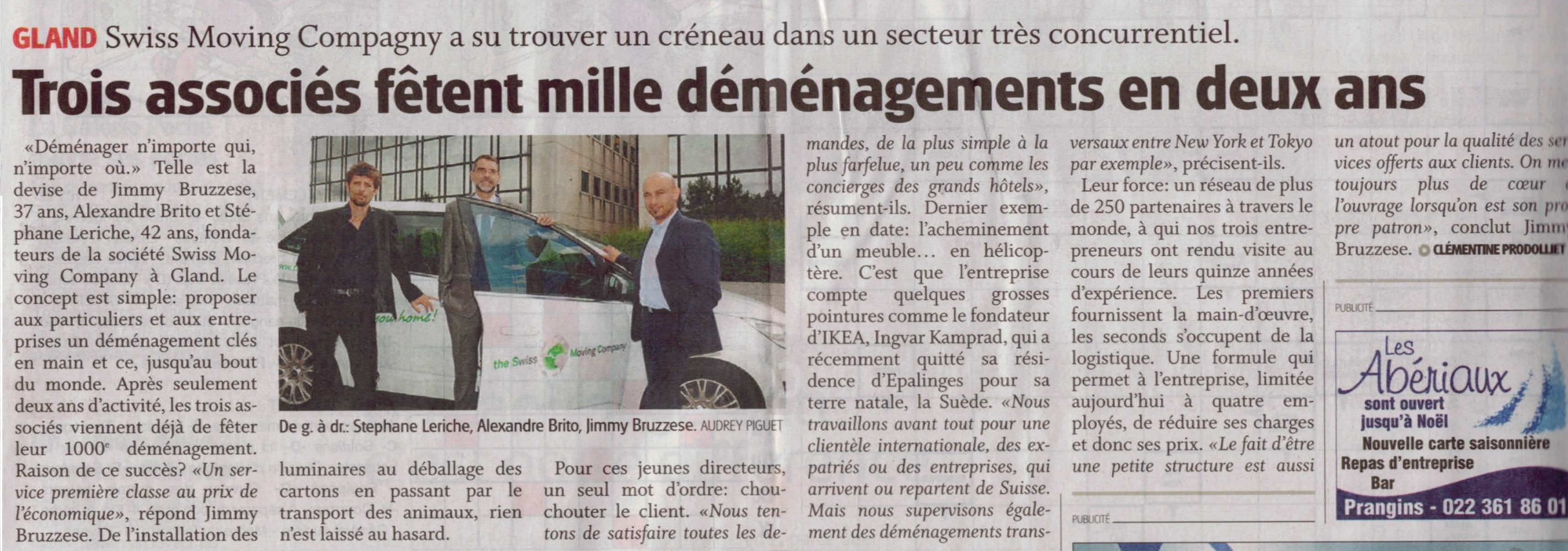 Article La Côte 13.09.2013 - the Swiss Moving Company Celebrates its 1'000th move in only 2 years